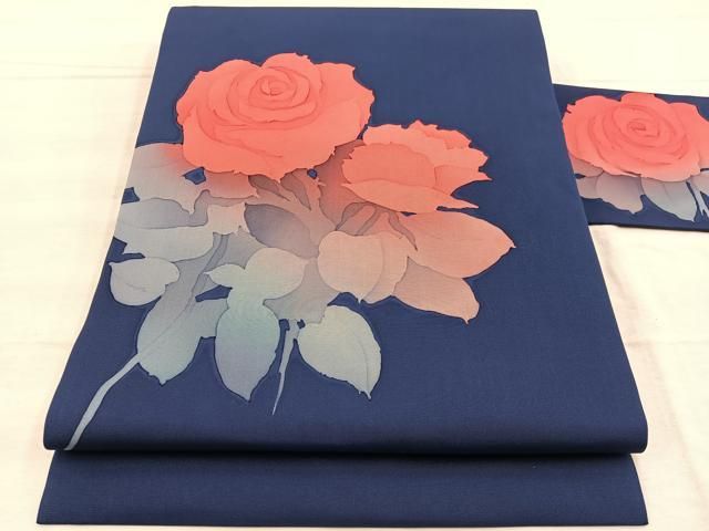平和屋着物●塩瀬　全通柄　九寸名古屋帯　藍　型染め　舞花文　正絹　逸品　CABB9372hy 平和屋着物○塩瀬 全通柄 九寸名古屋帯 藍 型染め 舞花文 正絹 逸品