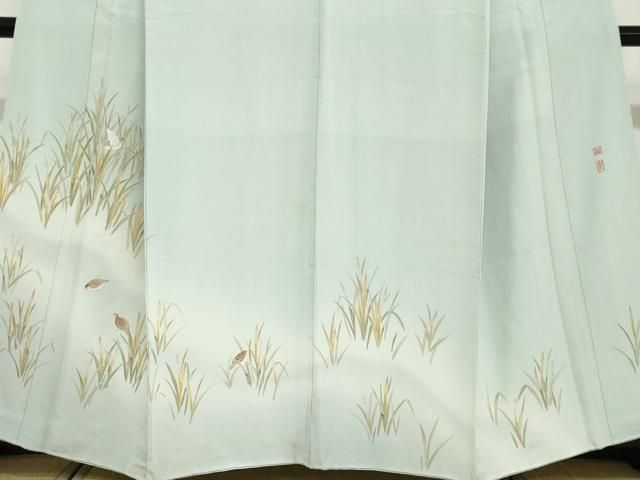 平和屋着物○京加賀友禅 百貫達雄 訪問着 秋草文 雀 正絹 逸品