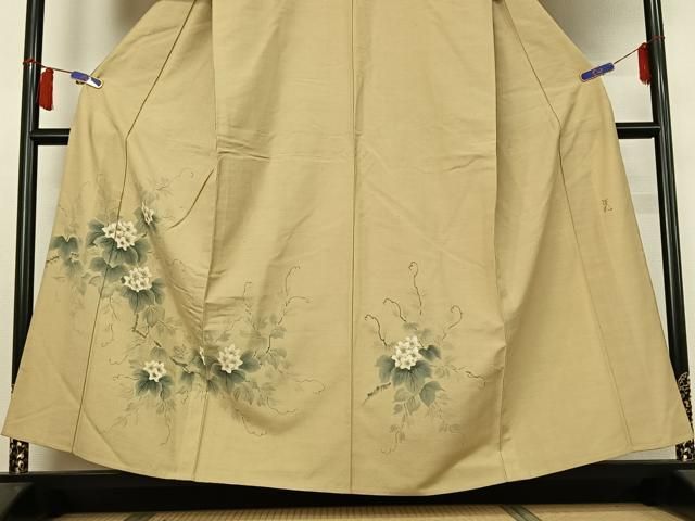 平和屋着物▽訪問着　単衣　紬地　作家物　手描き　草花文　正絹　逸品　AABH5604jh 平和屋着物▽訪問着 単衣 紬地 作家物 手描き 草花文 正絹 逸品