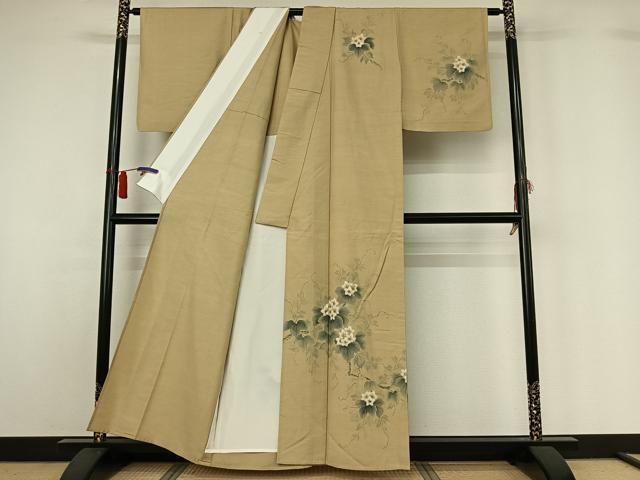 平和屋着物▽訪問着　単衣　紬地　作家物　手描き　草花文　正絹　逸品　AABH5604jh 平和屋着物▽訪問着 単衣 紬地 作家物 手描き 草花文 正絹 逸品