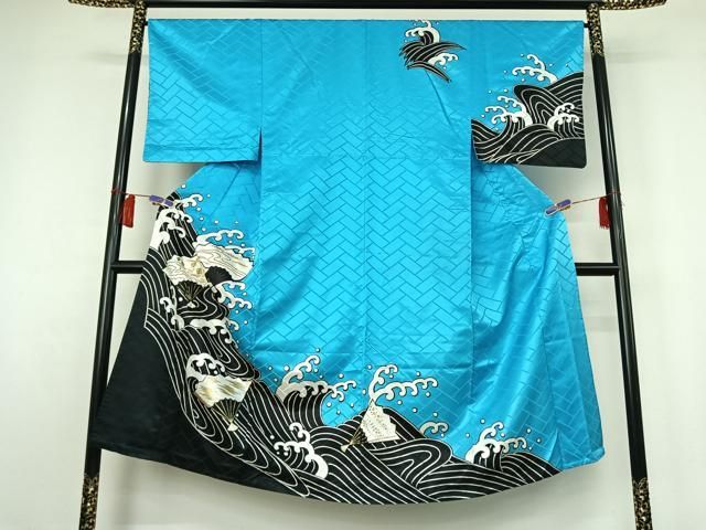 平和屋着物▽男性　訪問着　単衣　立波扇面文　金彩　洗える着物　AABH5608jh