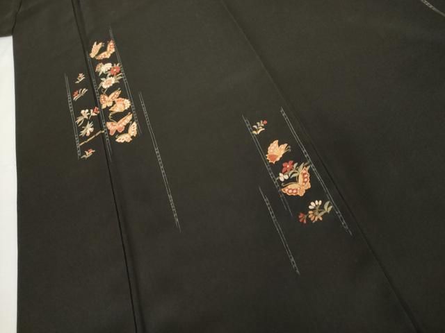 平和屋着物○訪問着 駒刺繍 花蝶文 黒地 金糸 正絹 逸品 AABH3770cs
