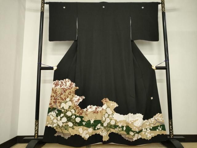 平和屋着物●豪華黒留袖　作家物　花蝶文　金彩　正絹　逸品　AABH7020ck 平和屋着物○豪華黒留袖 作家物 花蝶文 金彩 正絹 逸品 AABH7020ck