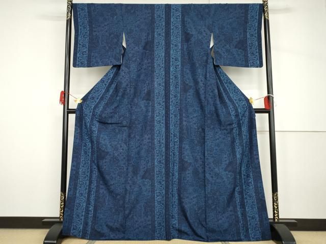 平和屋着物▽上質な小紋　単衣　型染め　藍　流水花文　正絹　逸品　AABG7672ck 平和屋着物▽上質な小紋 単衣 型染め 藍 流水花文 正絹 逸品