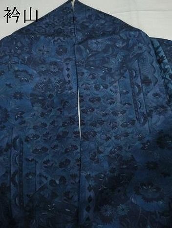 平和屋着物▽上質な小紋 単衣 型染め 藍 流水花文 正絹 逸品