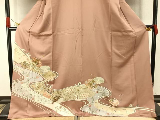 平和屋着物●豪華色留袖　友禅　駒刺繍　流水文箱文　金彩　ロング丈　正絹　逸品　AABH4860fy 平和屋着物○豪華色留袖 友禅 駒刺繍 流水文箱文 金彩 ロング丈 正絹