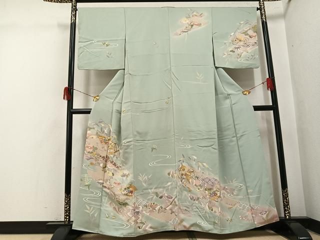 平和屋着物●創業460年・千總　訪問着　友禅　駒刺繍　流水草花文　暈し染め　金彩　正絹　逸品　AABH6894ph 平和屋着物○創業460年・千總 訪問着 友禅 駒刺繍 流水草花文 暈し染め