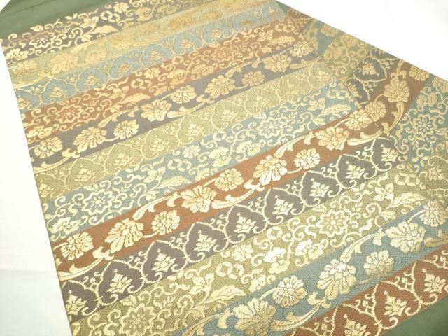 平和屋着物●九寸名古屋帯　横段花唐草文　金糸　正絹　逸品　CABF5291hy 平和屋着物○九寸名古屋帯 花織 型染め 唐草間道 正絹 逸品 DAAU6953ob