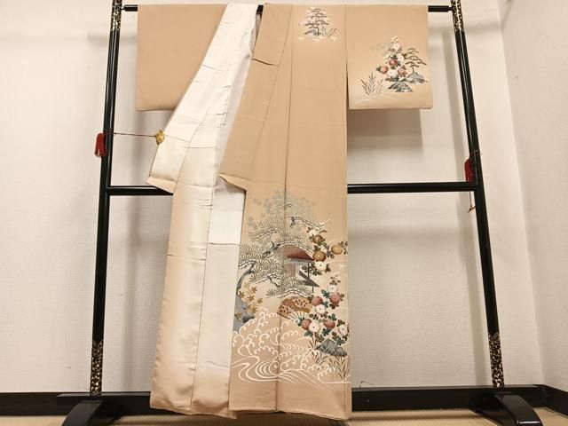 平和屋着物●訪問着　友禅　松竹梅風景草花文　丹後ちりめん　反端付き　正絹　逸品　AABH6900ph 平和屋着物○訪問着 友禅 松竹梅風景草花文 丹後ちりめん 反端付き