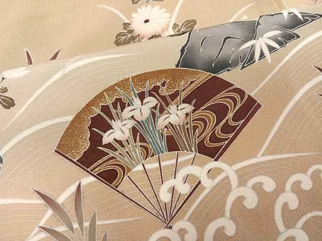 平和屋着物●訪問着　友禅　松竹梅風景草花文　丹後ちりめん　反端付き　正絹　逸品　AABH6900ph 平和屋着物○訪問着 友禅 松竹梅風景草花文 丹後ちりめん 反端付き