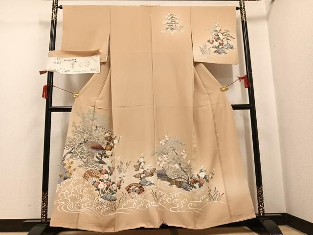 平和屋着物●訪問着　友禅　松竹梅風景草花文　丹後ちりめん　反端付き　正絹　逸品　AABH6900ph 平和屋着物○訪問着 友禅 松竹梅風景草花文 丹後ちりめん 反端付き