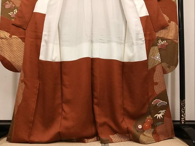 平和屋着物●豪華振袖　駒刺繍　雪輪御所車草花文　金彩　正絹　逸品　AABH6903ph 平和屋着物○豪華振袖 駒刺繍 雪輪御所車草花文 金彩 正絹 逸品