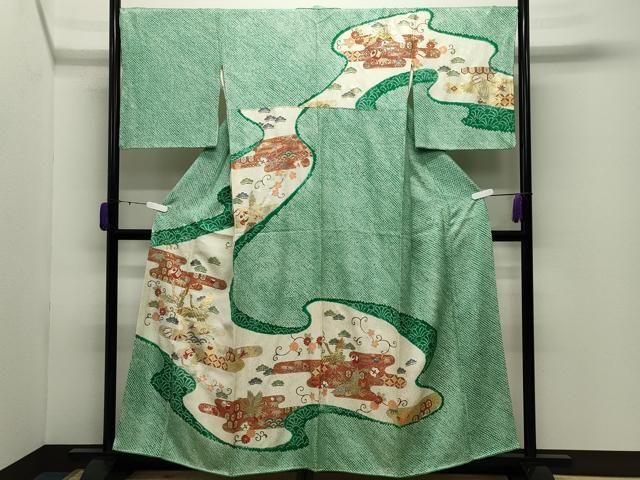 平和屋着物●訪問着　駒刺繍　絞り　飛鶴宝尽くし文　金銀彩　やまと誂製　正絹　逸品　CABD9243gh 平和屋着物○訪問着 駒刺繍 絞り 飛鶴宝尽くし文 金銀彩 やまと誂製