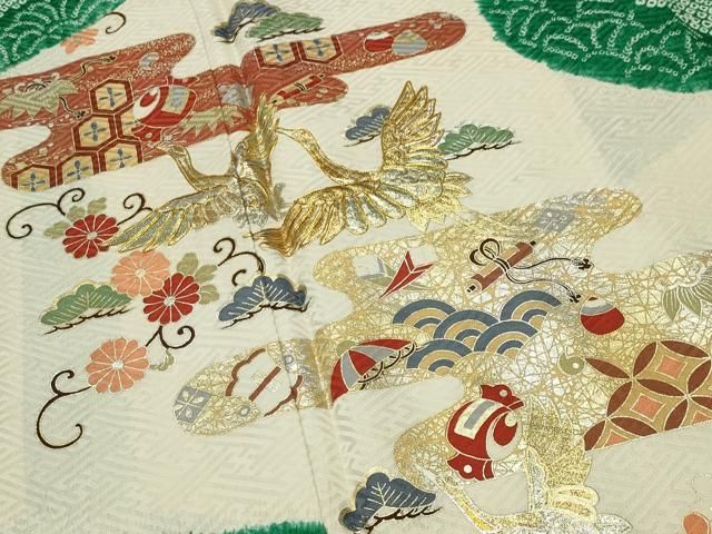 平和屋着物●訪問着　駒刺繍　絞り　飛鶴宝尽くし文　金銀彩　やまと誂製　正絹　逸品　CABD9243gh 平和屋着物○訪問着 駒刺繍 絞り 飛鶴宝尽くし文 金銀彩 やまと誂製