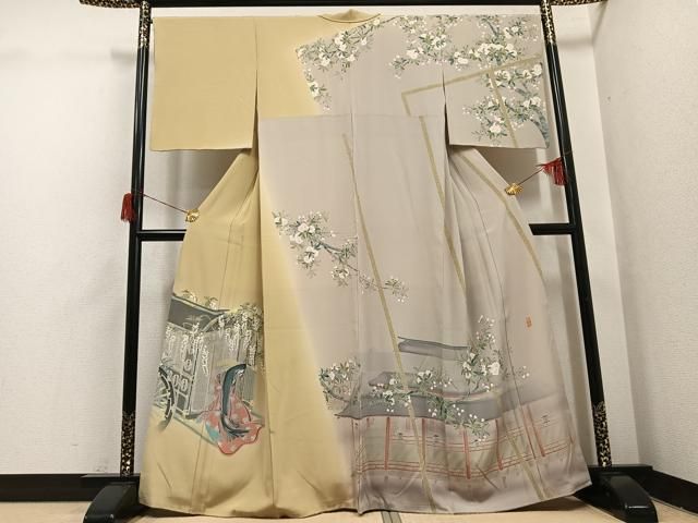平和屋着物●訪問着　友禅　作家物　夢也　御所車女人花文　暈し染め　正絹　逸品　AABH6930ph 平和屋着物○訪問着 友禅 作家物 夢也 御所車女人花文 暈し染め 正絹