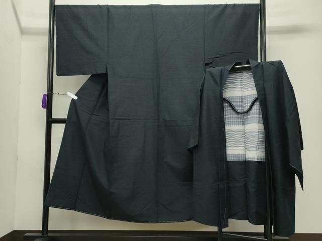 平和屋着物●男性　紬　アンサンブル　色無地　漆黒色　正絹　逸品　未使用　CABD9246gh