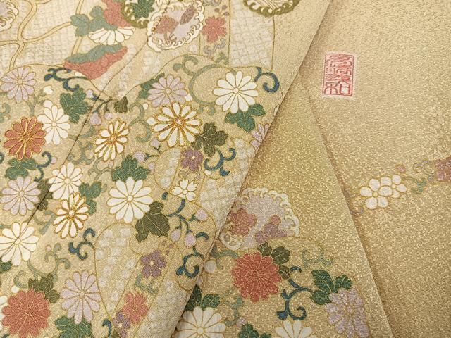 平和屋着物●訪問着　作家物　高橋義和　駒刺繍　花唐草文　金彩　やまと金ラベル　正絹　逸品　未使用　AABH6945ph 平和屋着物○訪問着 作家物 高橋義和 駒刺繍 花唐草文 金彩 やまと金