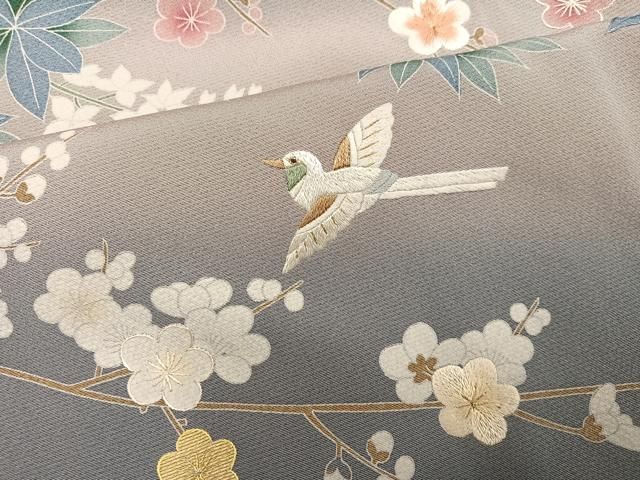 平和屋着物●訪問着　友禅　刺繍　花鳥文　暈し染め　金糸　ロング丈　正絹　逸品　AABH6949ph 平和屋着物○訪問着 友禅 刺繍 花鳥文 暈し染め 金糸 ロング丈 正絹