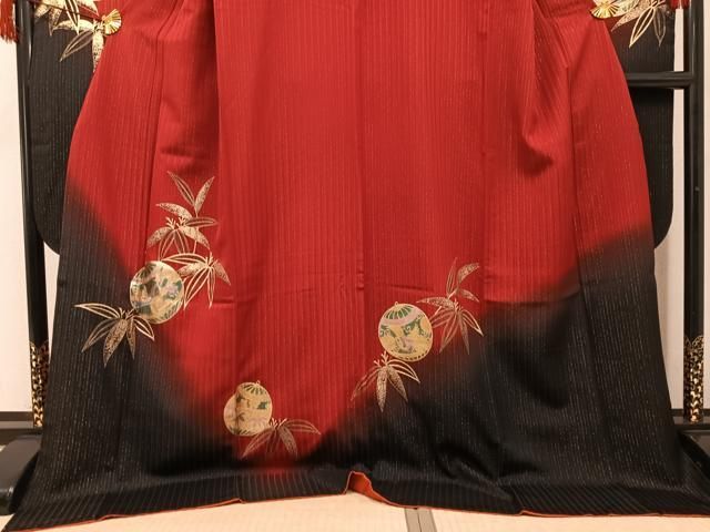 平和屋着物●豪華振袖　松竹梅飛鶴毬文　暈し染め　金彩　金通し地　ロング丈　正絹　逸品　AABH8262ph 平和屋着物○豪華振袖 松竹梅飛鶴毬文 暈し染め 金彩 金通し地 ロング