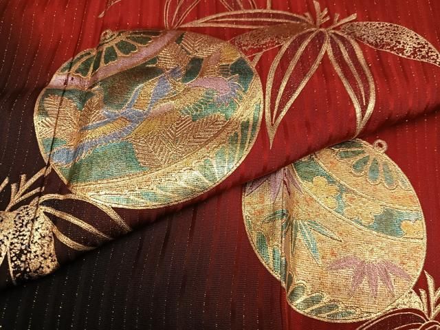 平和屋着物●豪華振袖　松竹梅飛鶴毬文　暈し染め　金彩　金通し地　ロング丈　正絹　逸品　AABH8262ph 平和屋着物○豪華振袖 松竹梅飛鶴毬文 暈し染め 金彩 金通し地 ロング