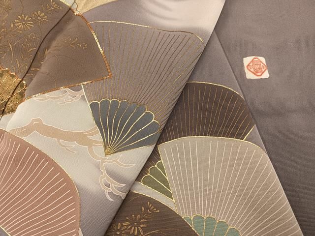 平和屋着物●訪問着　友禅　西村吉右衛門　駒刺繍　扇面草花文　暈し染め　金彩　正絹　逸品　未使用　AABH8265ph 平和屋着物○訪問着 友禅 西村吉右衛門 駒刺繍 扇面草花文 暈し染め