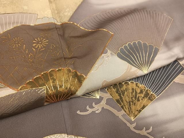 平和屋着物●訪問着　友禅　西村吉右衛門　駒刺繍　扇面草花文　暈し染め　金彩　正絹　逸品　未使用　AABH8265ph 平和屋着物○訪問着 友禅 西村吉右衛門 駒刺繍 扇面草花文 暈し染め