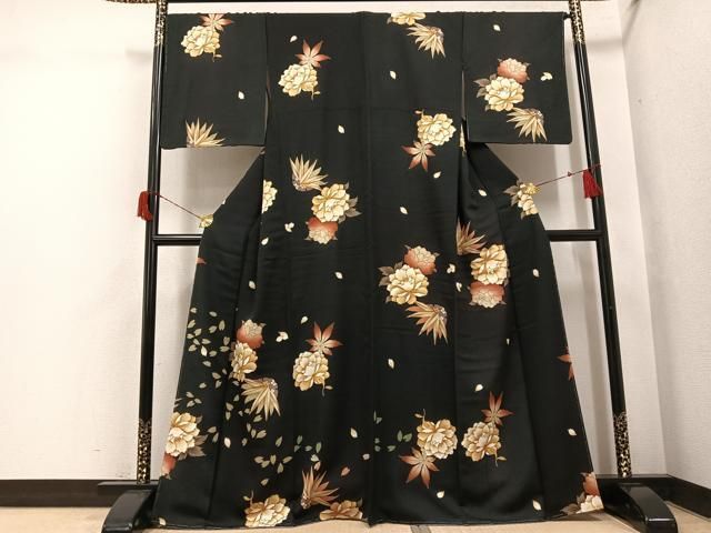 平和屋着物●訪問着　草花文　黒地　金彩　正絹　逸品　未使用　AABH8266ph 平和屋着物○訪問着 草花文 黒地 金彩 正絹 逸品 未使用 AABH8266ph