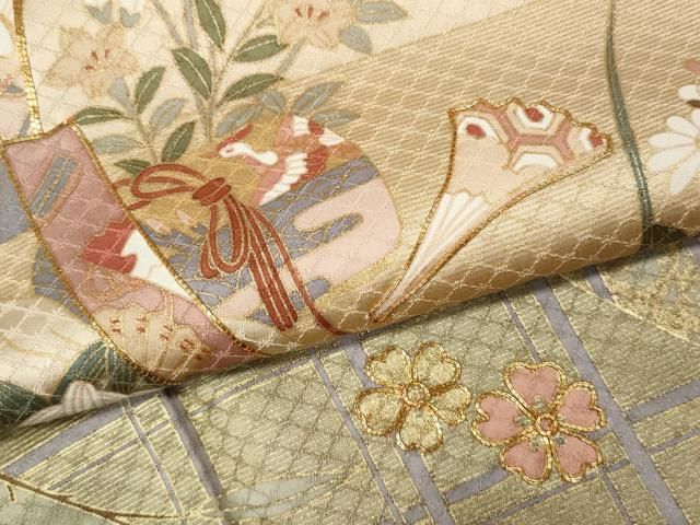 平和屋着物●訪問着　駒刺繍　飛鶴几帳草花文　暈し染め　金彩　正絹　逸品　CABF3297ut 平和屋着物○訪問着 駒刺繍 飛鶴几帳草花文 暈し染め 金彩 正絹 逸品