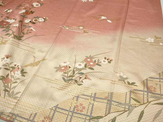 平和屋着物●訪問着　駒刺繍　飛鶴几帳草花文　暈し染め　金彩　正絹　逸品　CABF3297ut 平和屋着物○訪問着 駒刺繍 飛鶴几帳草花文 暈し染め 金彩 正絹 逸品