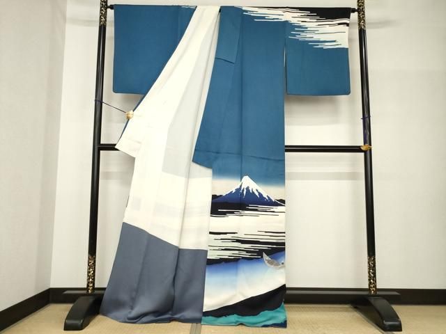 平和屋着物●訪問着　葛飾北斎　富嶽三十六景　武洲玉川　ロング丈　正絹　逸品　AABH7077ck 平和屋着物○訪問着 葛飾北斎 富嶽三十六景 武洲玉川 ロング丈 正絹