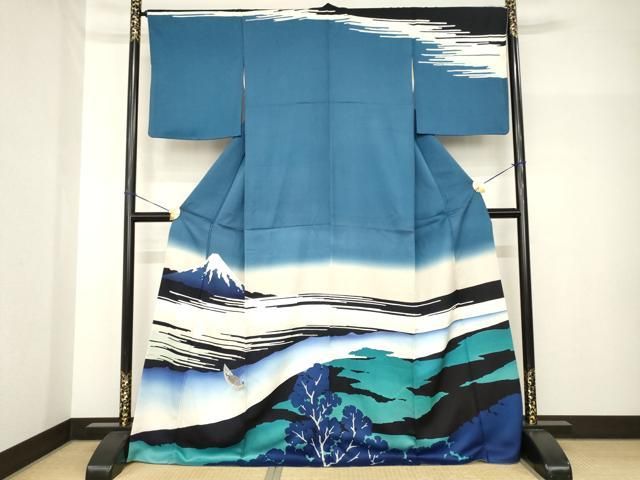 平和屋着物●訪問着　葛飾北斎　富嶽三十六景　武洲玉川　ロング丈　正絹　逸品　AABH7077ck 平和屋着物○訪問着 葛飾北斎 富嶽三十六景 武洲玉川 ロング丈 正絹