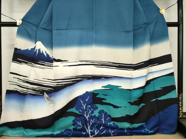 平和屋着物●訪問着　葛飾北斎　富嶽三十六景　武洲玉川　ロング丈　正絹　逸品　AABH7077ck 平和屋着物○訪問着 葛飾北斎 富嶽三十六景 武洲玉川 ロング丈 正絹