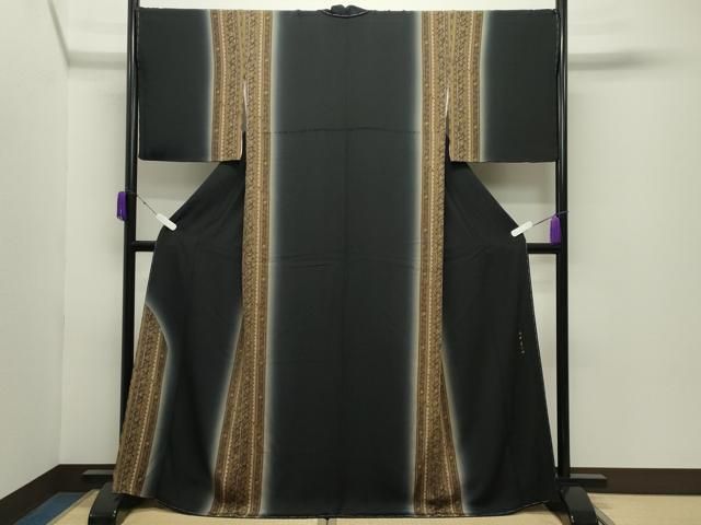 平和屋着物●訪問着　今井喜三郎　更紗花唐草間道　暈し染め　黒地　正絹　逸品　未使用　CABD9273gh 平和屋着物○訪問着 今井喜三郎 更紗花唐草間道 暈し染め 黒地 正絹