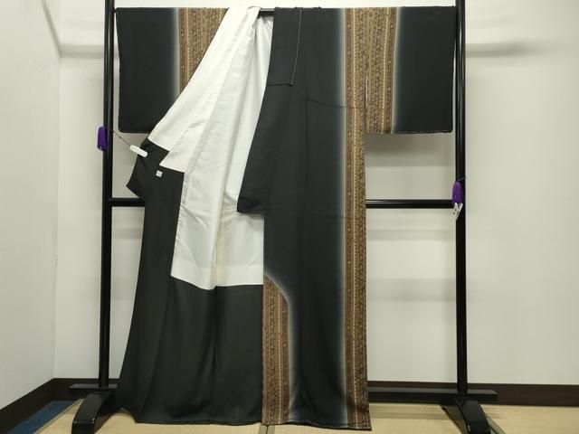 平和屋着物●訪問着　今井喜三郎　更紗花唐草間道　暈し染め　黒地　正絹　逸品　未使用　CABD9273gh 平和屋着物○訪問着 今井喜三郎 更紗花唐草間道 暈し染め 黒地 正絹