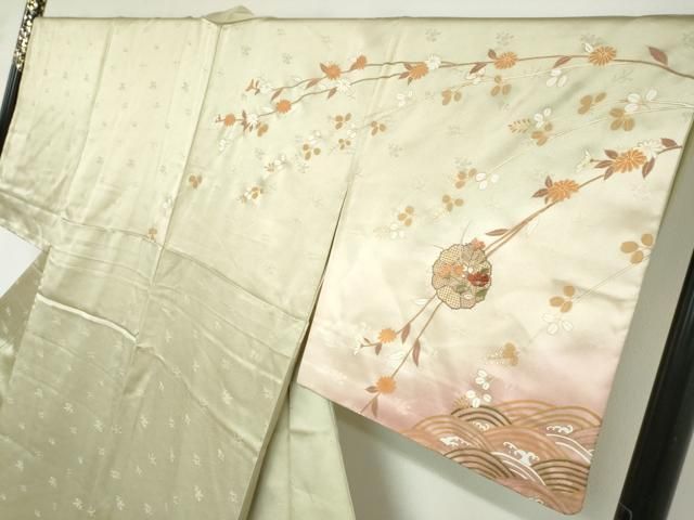 平和屋着物●中国三大刺繍　汕頭刺繍　訪問着　流水花絵皿文　暈し染め　金彩　正絹　逸品　DABD9417ud 平和屋着物○中国三大刺繍 汕頭刺繍 訪問着 流水花絵皿文 暈し染め
