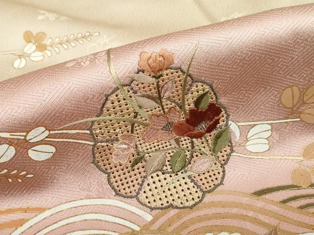 平和屋着物●中国三大刺繍　汕頭刺繍　訪問着　流水花絵皿文　暈し染め　金彩　正絹　逸品　DABD9417ud 平和屋着物○中国三大刺繍 汕頭刺繍 訪問着 流水花絵皿文 暈し染め