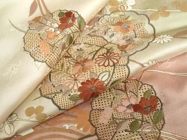 平和屋着物●中国三大刺繍　汕頭刺繍　訪問着　流水花絵皿文　暈し染め　金彩　正絹　逸品　DABD9417ud 平和屋着物○中国三大刺繍 汕頭刺繍 訪問着 流水花絵皿文 暈し染め
