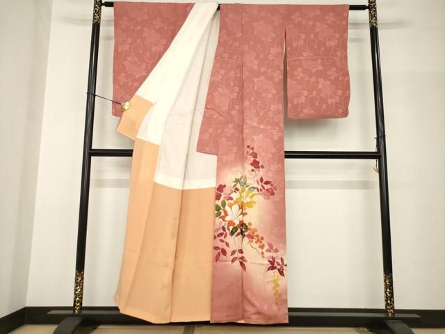 平和屋着物●アンティーク　大正ロマン　色留訪問着　枝花文　暈し染め　正絹　逸品　AABH8821ck 平和屋着物○アンティーク 大正ロマン 色留訪問着 枝花文 暈し染め