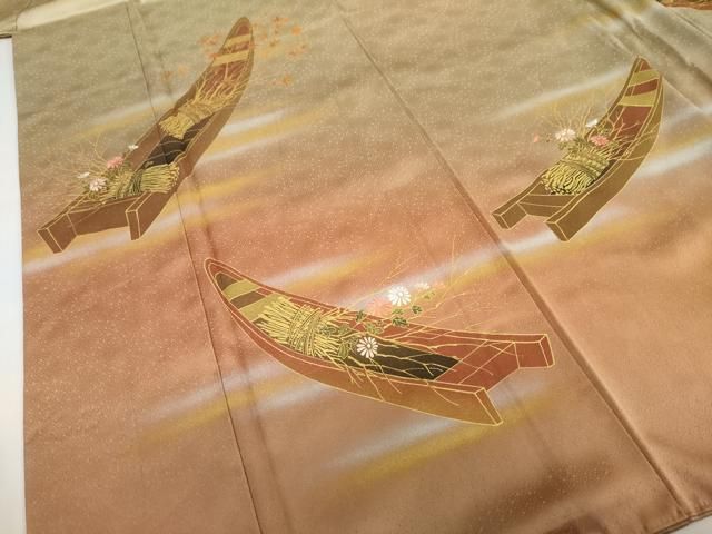 平和屋着物●人間国宝　福田喜三郎　訪問着　刺繍　草花小舟文　暈し染め　金彩　正絹　逸品　DABD9431ud 平和屋着物○人間国宝 福田喜三郎 訪問着 刺繍 草花小舟文 暈し染め