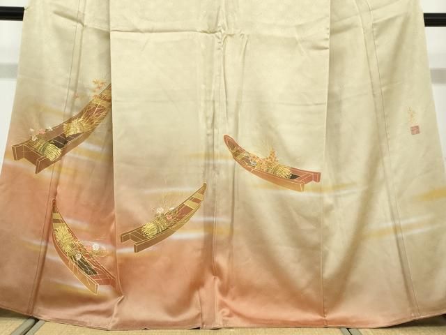 平和屋着物●人間国宝　福田喜三郎　訪問着　刺繍　草花小舟文　暈し染め　金彩　正絹　逸品　DABD9431ud 平和屋着物○人間国宝 福田喜三郎 訪問着 刺繍 草花小舟文 暈し染め