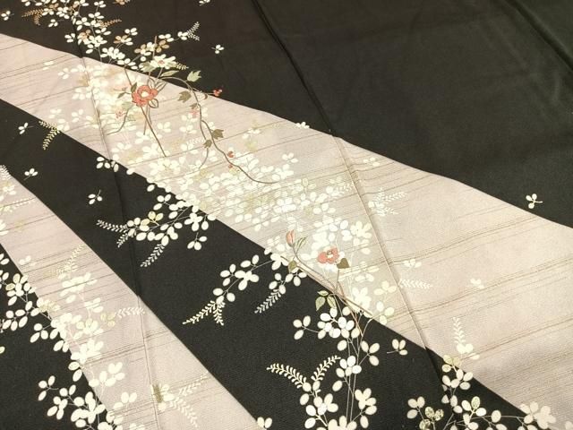 平和屋着物●訪問着　駒刺繍　枝花文　黒地　金糸　金銀彩　正絹　逸品　AABH4994fy 平和屋着物○訪問着 駒刺繍 枝花文 黒地 金糸 金銀彩 正絹 逸品