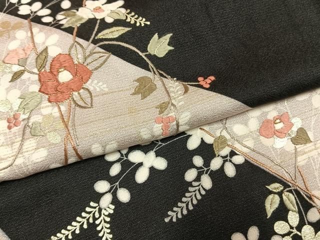 平和屋着物○訪問着 駒刺繍 枝花文 黒地 金糸 金銀彩 正絹 逸品