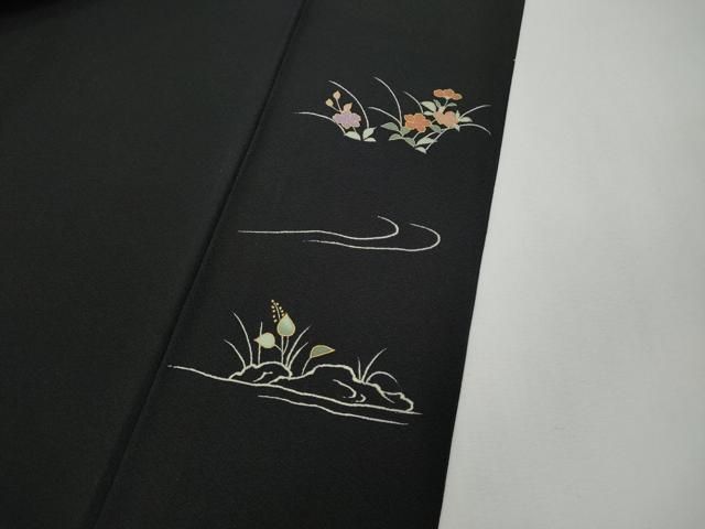 平和屋着物○訪問着 駒刺繍 兎 草花文 黒地 金彩 正絹 逸品 CABF3361ut