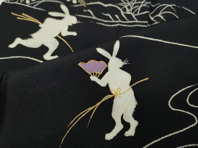 平和屋着物○訪問着 駒刺繍 兎 草花文 黒地 金彩 正絹 逸品 CABF3361ut