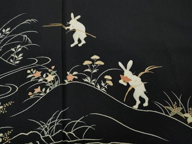 平和屋着物●訪問着　駒刺繍　兎　草花文　黒地　金彩　正絹　逸品　CABF3361ut 平和屋着物○訪問着 駒刺繍 兎 草花文 黒地 金彩 正絹 逸品 CABF3361ut