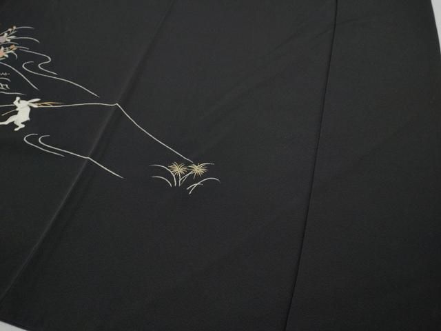 平和屋着物●訪問着　駒刺繍　兎　草花文　黒地　金彩　正絹　逸品　CABF3361ut 平和屋着物○訪問着 駒刺繍 兎 草花文 黒地 金彩 正絹 逸品 CABF3361ut