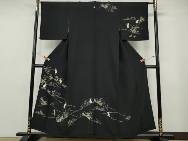 平和屋着物●訪問着　駒刺繍　兎　草花文　黒地　金彩　正絹　逸品　CABF3361ut 平和屋着物○訪問着 駒刺繍 兎 草花文 黒地 金彩 正絹 逸品 CABF3361ut