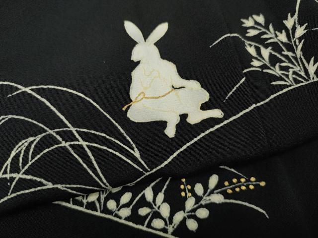 平和屋着物●訪問着　駒刺繍　兎　草花文　黒地　金彩　正絹　逸品　CABF3361ut 平和屋着物○訪問着 駒刺繍 兎 草花文 黒地 金彩 正絹 逸品 CABF3361ut