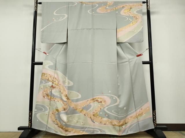 平和屋着物●訪問着　駒刺繍　道長草花文　金銀彩　正絹　逸品　CABF3363ut 平和屋着物○訪問着 駒刺繍 道長草花文 金銀彩 正絹 逸品 CABF3363ut