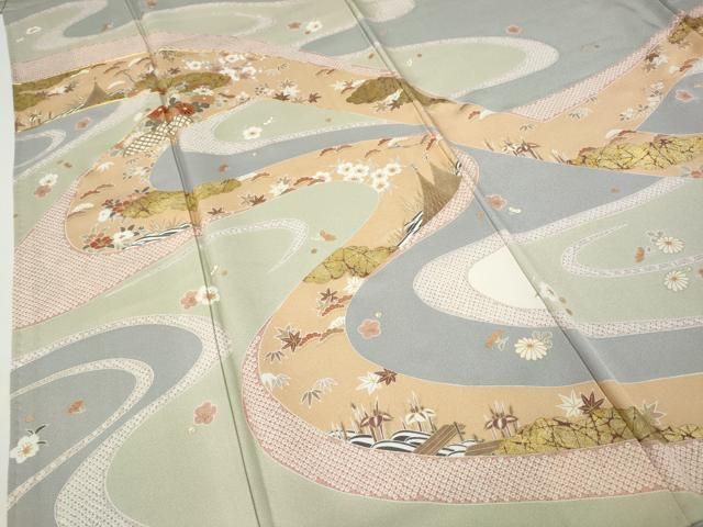 平和屋着物●訪問着　絞り　刺繍　道長芝草花文　金彩　正絹　逸品　CABB6377ut 平和屋着物○訪問着 絞り 刺繍 道長芝草花文 金彩 正絹 逸品